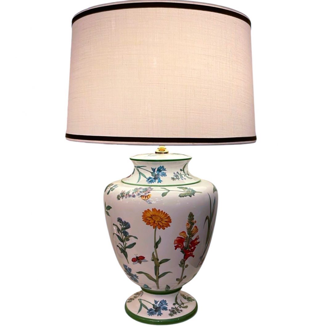1000023104-1.jpg PANTALLA 45CM TRONCO CONO LINO NATURAL CINTA AL TONO TERCIOPELO VERDE CACERÍA - Imagen 1