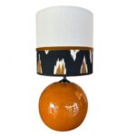 PANTALLA CILINDRO 20CM DOBLE TEXTURA LINO BEIGE +TEJIDO MEDALLONES + TERCIOPELO MOSTAZA